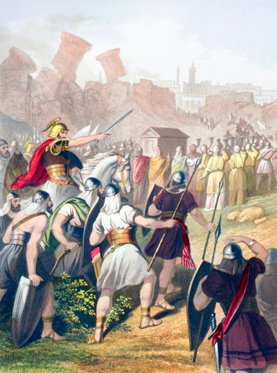 Josua an der Spitze der israelitischen Armee vor den Mauern von Jericho von English School